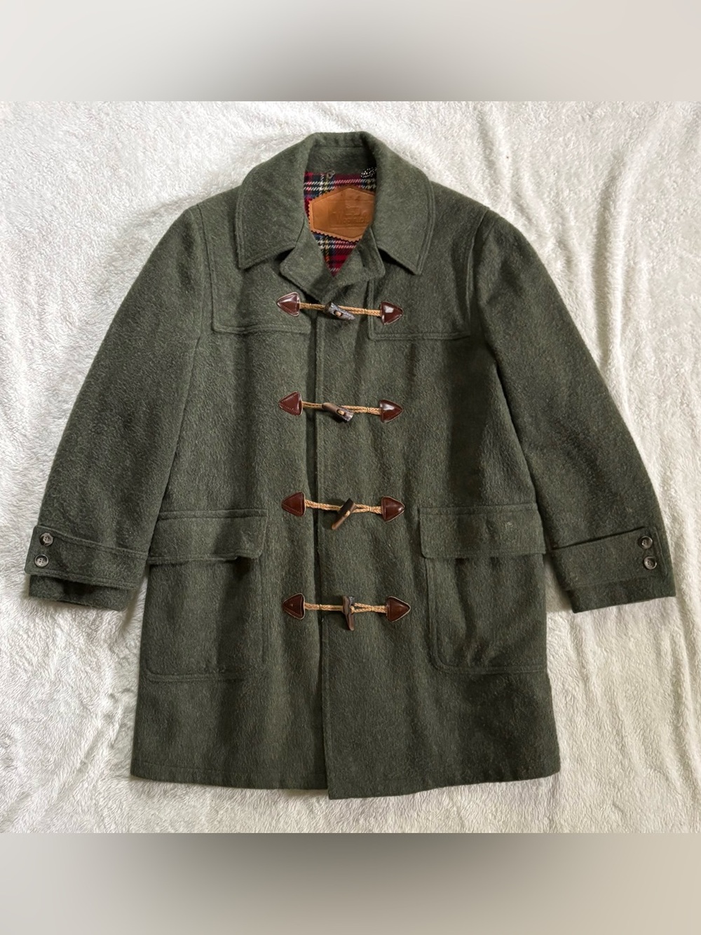 Men's Vintage Woolrich Olive Toggle Wool Coat Peacoat Size 40 90s Plaid Lining M